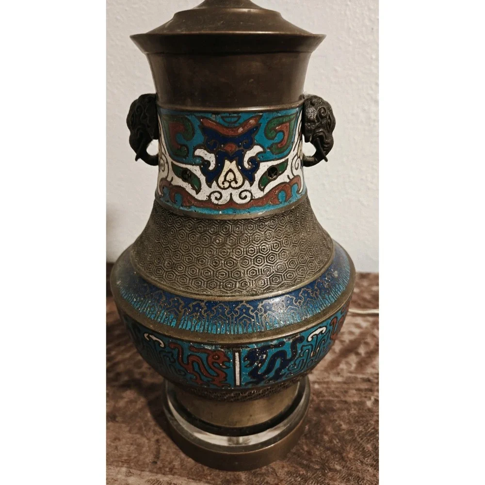Vintage Japanese Champleve Bronze Enamel Cloisonne Table Lamp Works!